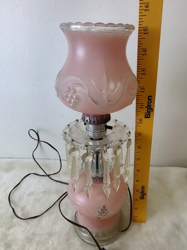 Vintage 40er Jahre Shabby Chic Rosa Milchglas Kunstglas Boudoir Tischlampe Acryl Prismen - Bild 8 von 11