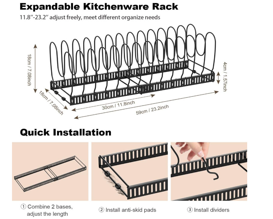 Pot and Pan Organizer Rack for Cabinet, Fully Expanded Size 22.83" W x 7.09"-USA