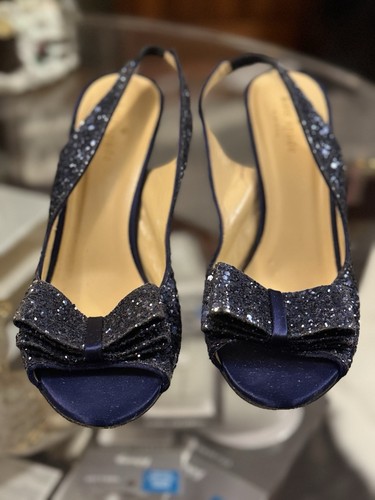 Kate Spade"Charm" Blue Glitter Slingback Bow Peep Toe Pumps Heels Size 8.5 - Picture 1 of 14