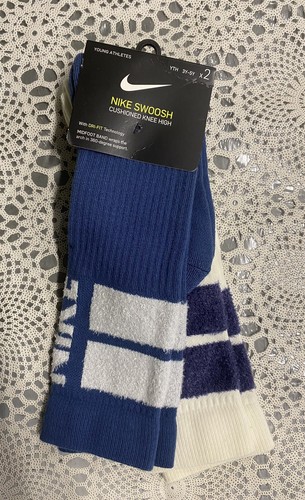 NIKE SWOOSH Cushioned Knee High Socks 2 Pairs Young Athletes 3Y-5Y Blue/White - Picture 1 of 5