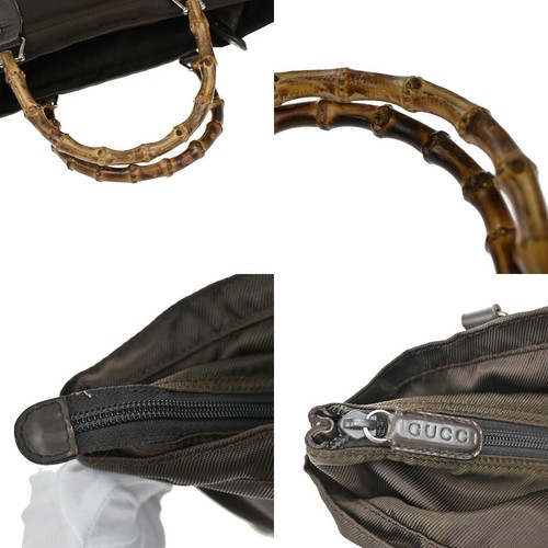GUCCI Logo Bamboo Tote Hand Bag Nylon Leather Brown Silver Italy 01FB699 - Picture 8 of 17