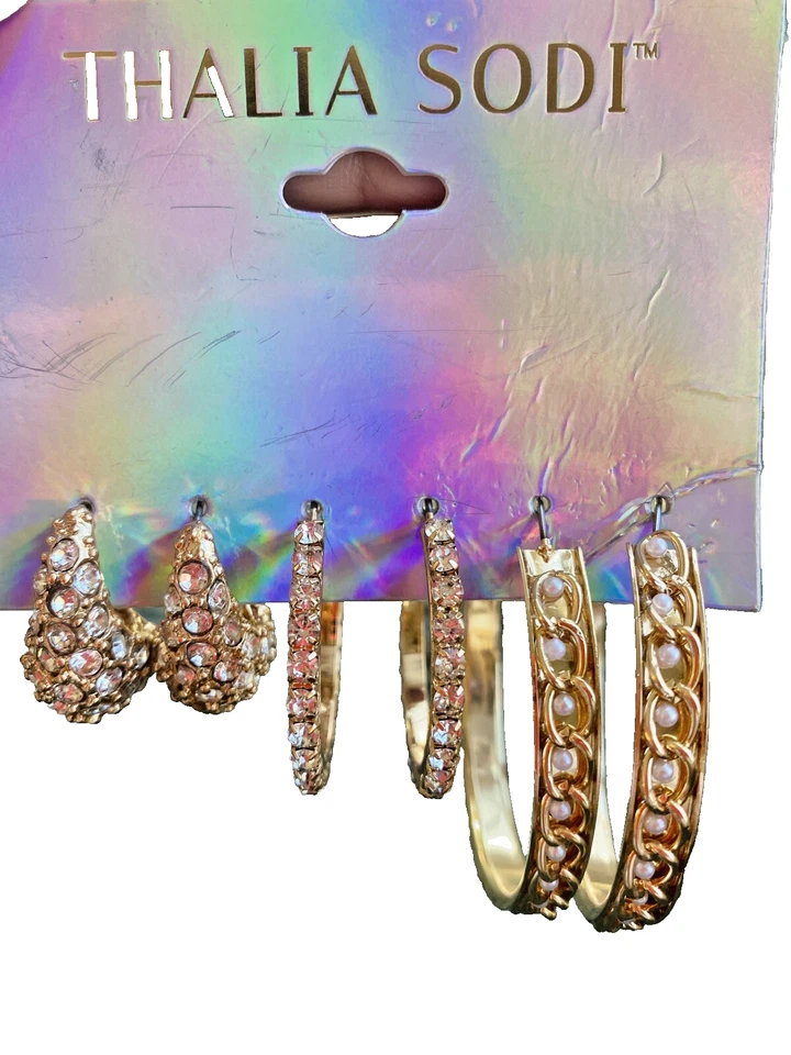 Pendientes de aro Thalia Sodi aspecto de cristal y perlas | Juego de 3 tonos dorados | Nuevos Foto 4 de 4