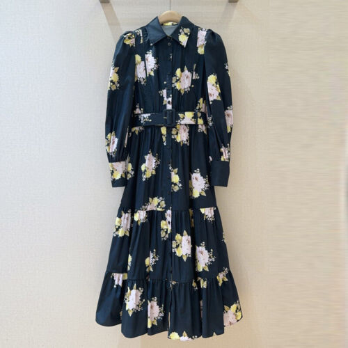 Spring 2025 Women's Floral Lapel Collar Cotton Long Sleeved Elegant Long Dress - Picture 3 of 20