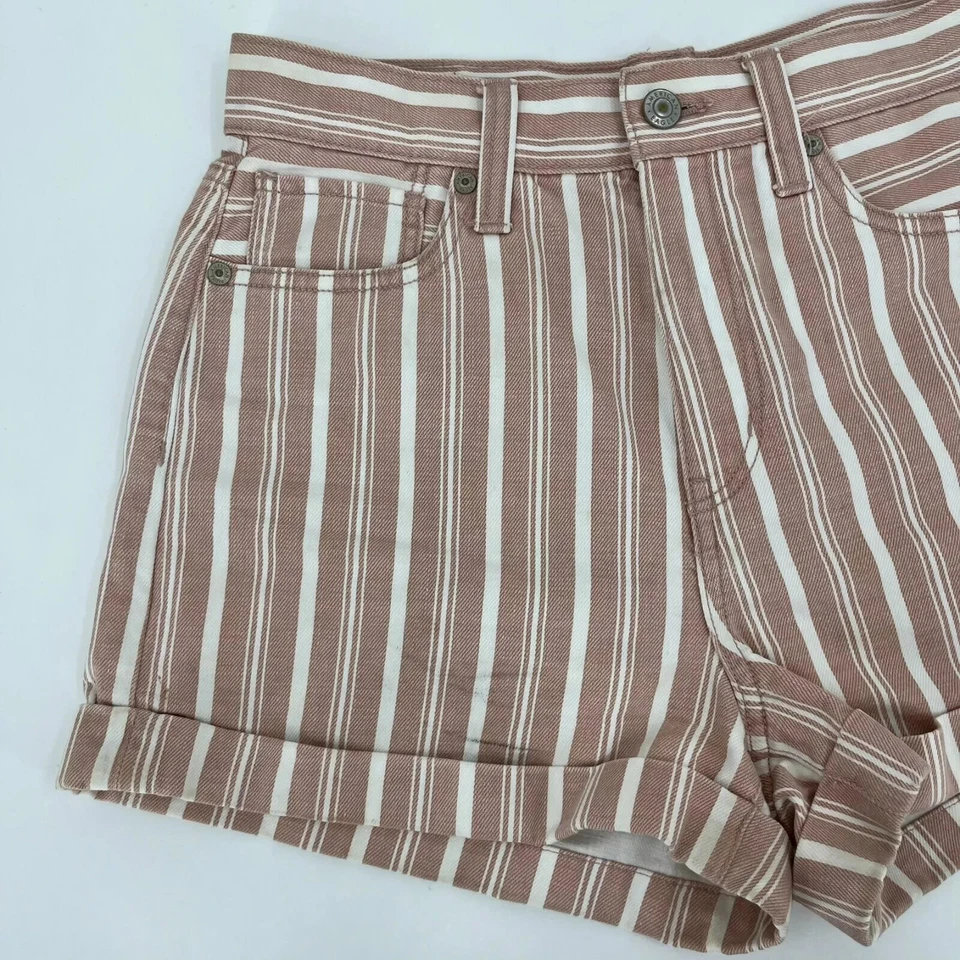 Pantalones cortos de mezclilla American Eagle para mujer talla 2 naranja melocotón a rayas con puños tiro alto Foto 2 de 4