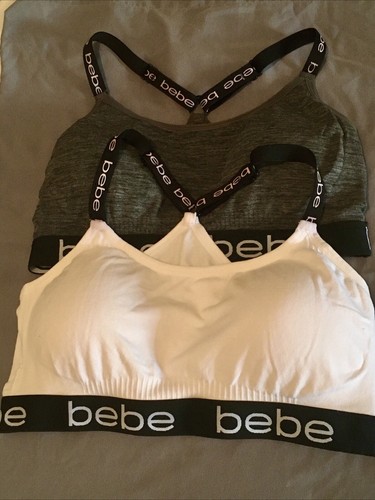 Bebe Sport BH 2er Set weiß grau Y Rücken verstellbare Träger Logo Besatz gepolstert L/1X