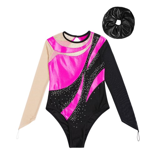 Kids Girls Long Sleeve Gymnastic Leotard One Piece Bodysuit with Hair Scrunchie - Picture 24 of 112