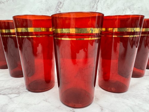 7 Vintage Anchor Hocking Royal Ruby Flat Tumblers Glasses 9oz Gold Bands 4 3/4" - Picture 3 of 11