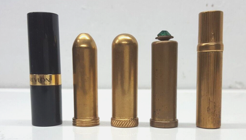 4 Vintage Lipstick Cases, 3 Brass 1 Brass Lens Brush Case