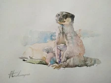 Meerkat family, Animal, Watercolor artwork, Handmade, Original painting on paper