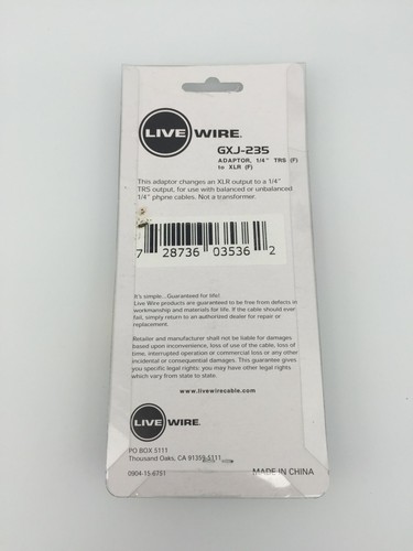 NEW! LIVEWIRE 1/4" TRS Stereo (F) to XLR 3-Pin (M) Adaptor Converter GXJ-235 - Picture 3 of 4