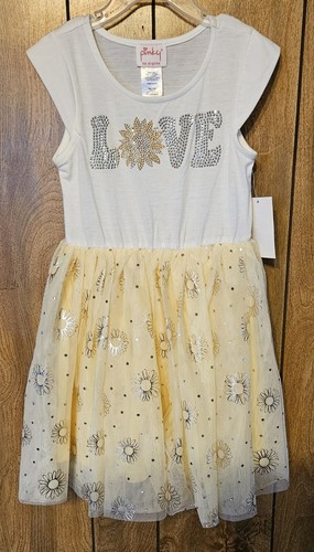 $38 GIRLS DRESS SILVER SPARKLE LOVE YELLOW LINED MESH TUTU PINKY LA SZ 5🍂 NEW