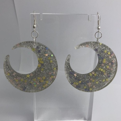 Large crescent moon earrings, Star Glitte , Acrylic Earrings - Picture 38 of 60