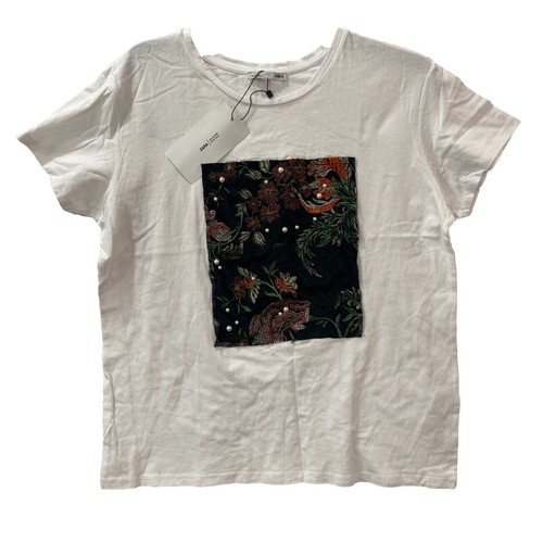 ZARA White Top Applique Square Patch Pearl Bead Basic Short Sleeve Woman's L