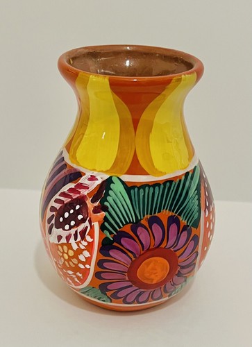 Mexican Hand Painted Red Clay Pottery Vase Flower Design 5" Tall Folk Art