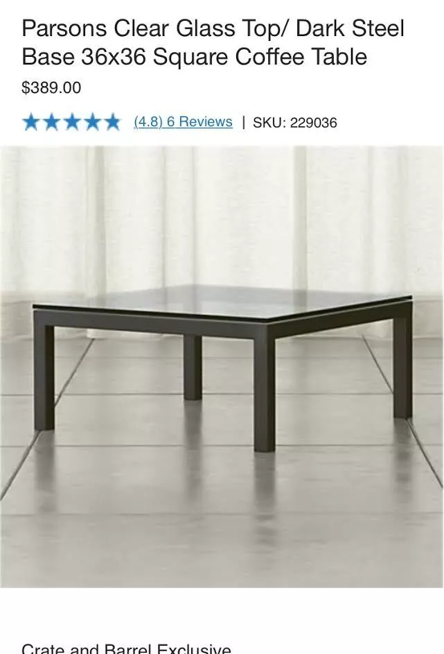 Crate Barrel Parsons Clear Glass Top Steel Base 36x36 Square