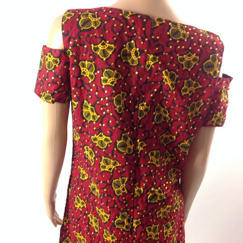 Womens Embellished Dress African Kanga Print Ankara Cold Shoulder Red Size S - Picture 5 of 5
