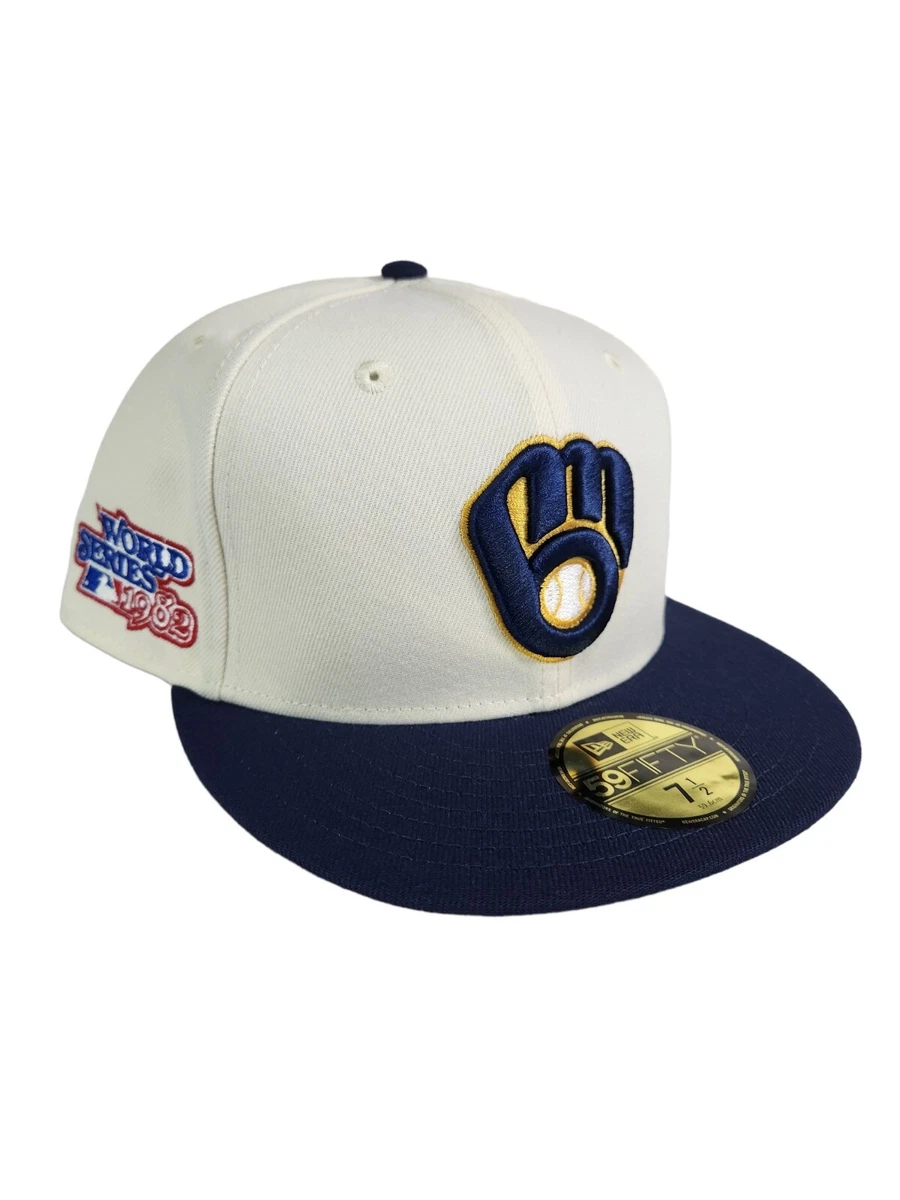 New Era Milwaukee Brewers Off White Retro Side Patch 59FIFTY Fitted Hat Sz 7 1/2