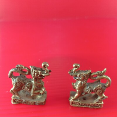 1 x 2 Animal Chinese Pure Brass Foo Dog Beast Animal Lion Amulet Sculpture Rich 