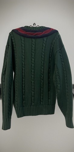VTG Tommy Hilfiger Fishermans Knit Sweater Men Med Green Multi Heavy VNeck Crest - Picture 11 of 17