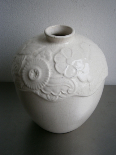 Vase Art déco Céramique craquelé 1930 décor Floral Géométrique Ancien - Afbeelding 1 van 12
