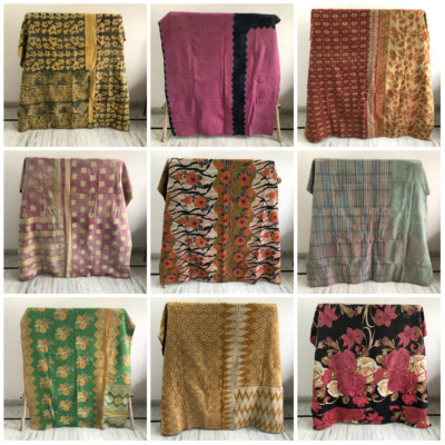 Indian Vintage Handmade Floral Kantha Quilt Blanket Quilt Single Coverlet Throw
