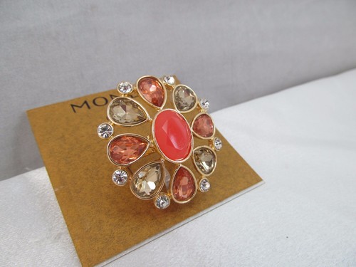 NWT MONET GOLD with CORAL COLOR & CLEAR RHINESTONES ADJUSTABLE STRETCH RING - Picture 3 of 6