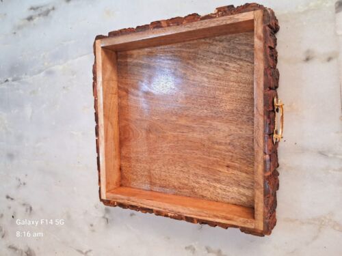Handmade Rustic Solid Wood Serving Tray with Handles Vintage Square Food Platter - Picture 7 of 11