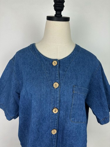 Camisa Denim Vintage Años 90 M Calce Cuadrado Manga Corta Blusa Minimalista Grunge Boho - Imagen 2 de 11