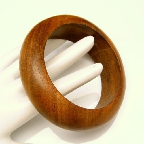 Vintage Wide Brown Wood Bangle Bracelet Polished Nice Grain 1 inch Chunky - Picture 4 of 7