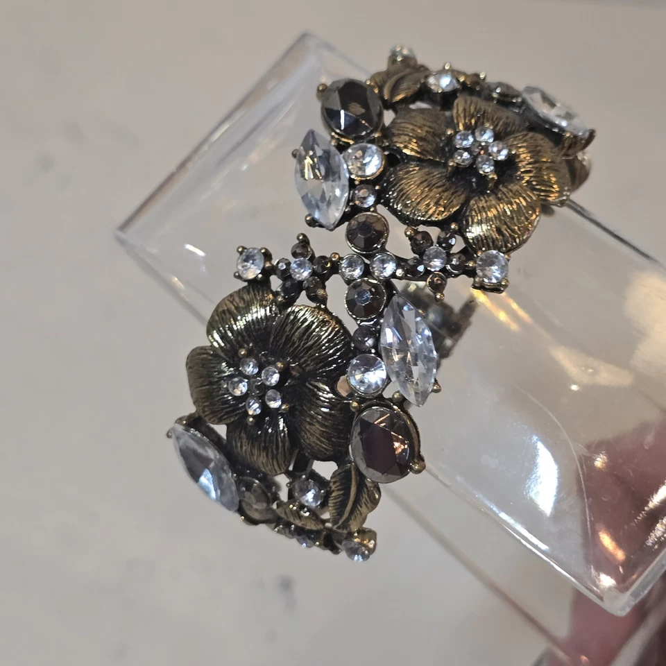 Brazalete Anthropologie Floral Brazalete Abrazadera Estilo Bling Tono Bronce Gris Cristal Foto 2 de 4