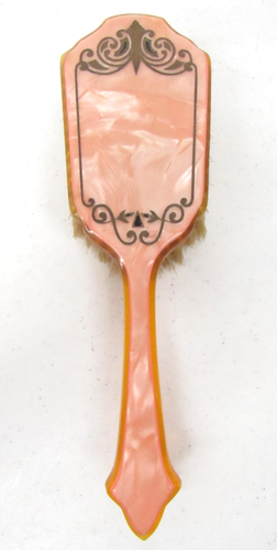 Vtg Art Deco Pink Marbleized Celluloid 14" Hand Mirror & Hair Brush 2pc Set - Picture 11 of 19