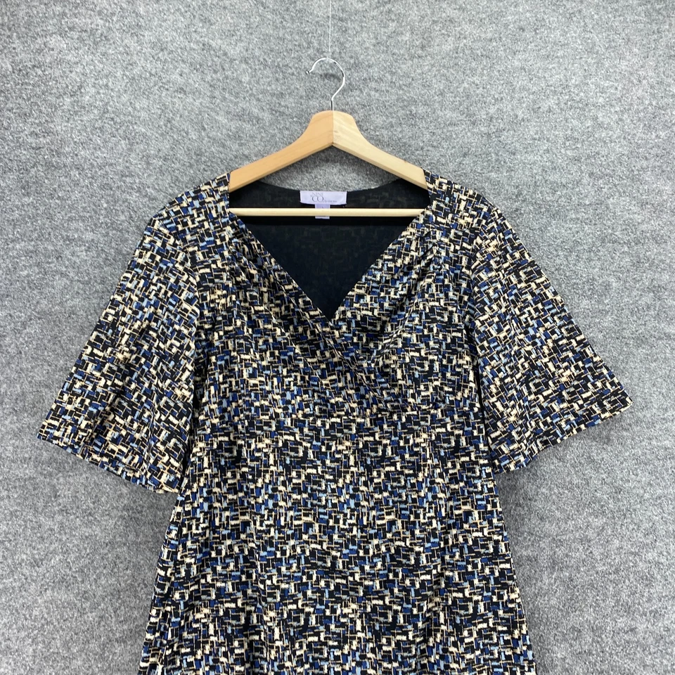 Nine & Co 衬衫女式 L 大号黑色几何 V 领 3/4 袖休闲套衫 — 第 3/4 张图片