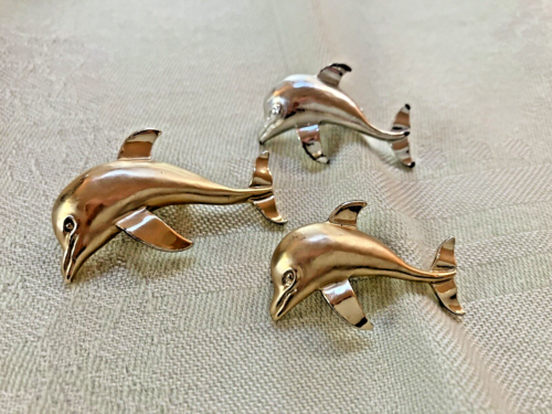 Dolphins Brooch Mama Mother & Baby Silver Gold Tone Pin Animal Ocean 1.75"