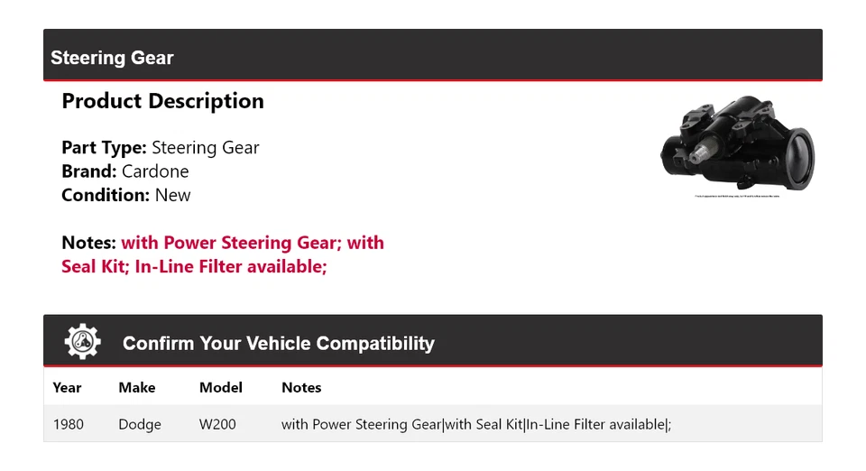 适用于 1980 道奇 W200 转向齿轮 Cardone — 第 2/4 张图片