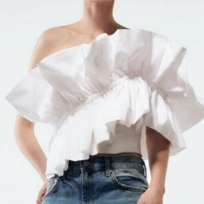 NWT Zara Women's White Poplin Top With Ruffles Size XS 2648