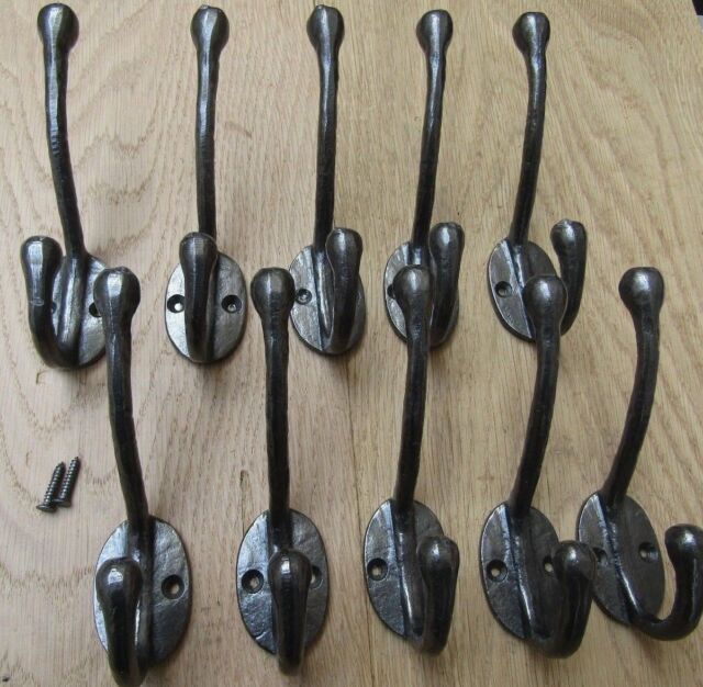 PACK OF 10 TEXTURED CAST IRON coat hooks rustic vintage old antique style PACK OF 10 TEXTURED CAST IRON coat hooks rustic vintage old antique style