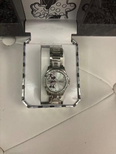 Disney Minnie Mouse Accutime Watch With Rhinestone Accents & Silver Band In Deco - Picture 10 of 12