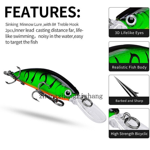 9Pcs sinking Trolling Bait Minnow Fishing Lure Bass Crankbait Tackle Wobbler 7cm - Picture 5 of 14