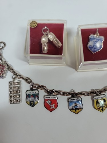 Vintage 800 Silver Enamel Shield Travel Charm on 835 Bracelet 11 Charms - Bild 3 von 18