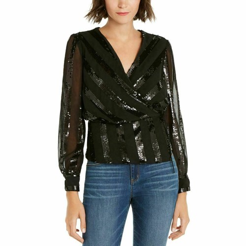 Black sequin stripe long sleeve top Clearance