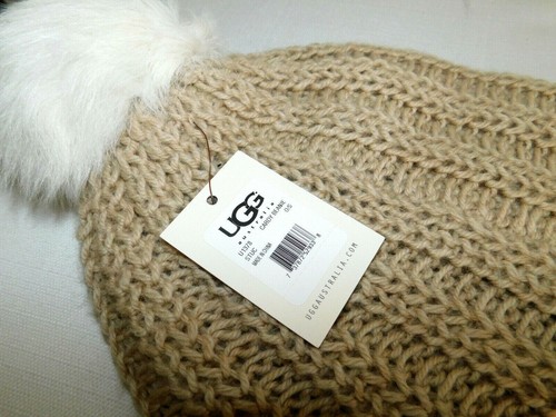 NEW NWT STUCCO O/S WOMENS UGG CARDY BEANIE CAP HAT WOOL BLEND SHEEPSKIN POM