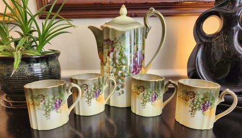 CHOCOLATE POT & CUPS Bavaria A&C Porcelain Grape Pattern By A. Koch EUC