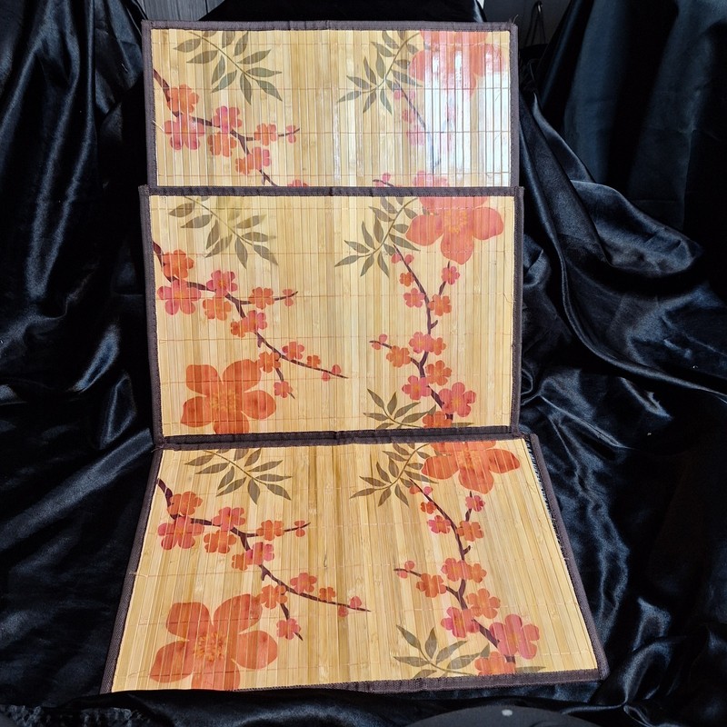 3 Bamboo Placemats With Cherry Blossoms~Asian Style~Black Trim~Flowers