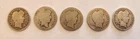 Set of 5 barber silver dimes 1902, 1903, 1904, two each 1905