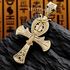 Egyptian Large Horus of Bird Ankh Cross CZ Gold Plated Hip Hop Charm Pendant
