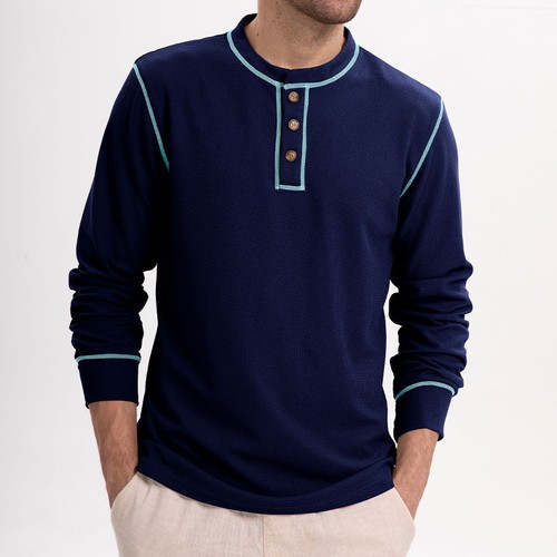 Men's Tops Long Sleeve T-shirt Slim Fit Round Neck Waffle Sports Henry Shirts - Picture 9 of 30