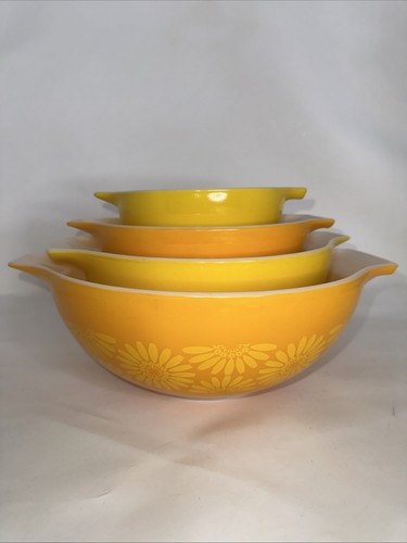 VINTAGE PYREX YELLOW ORANGE SUNFLOWER DAISY CINDERELLA NESTING MIXING BOWL SET 4 - Picture 11 of 12