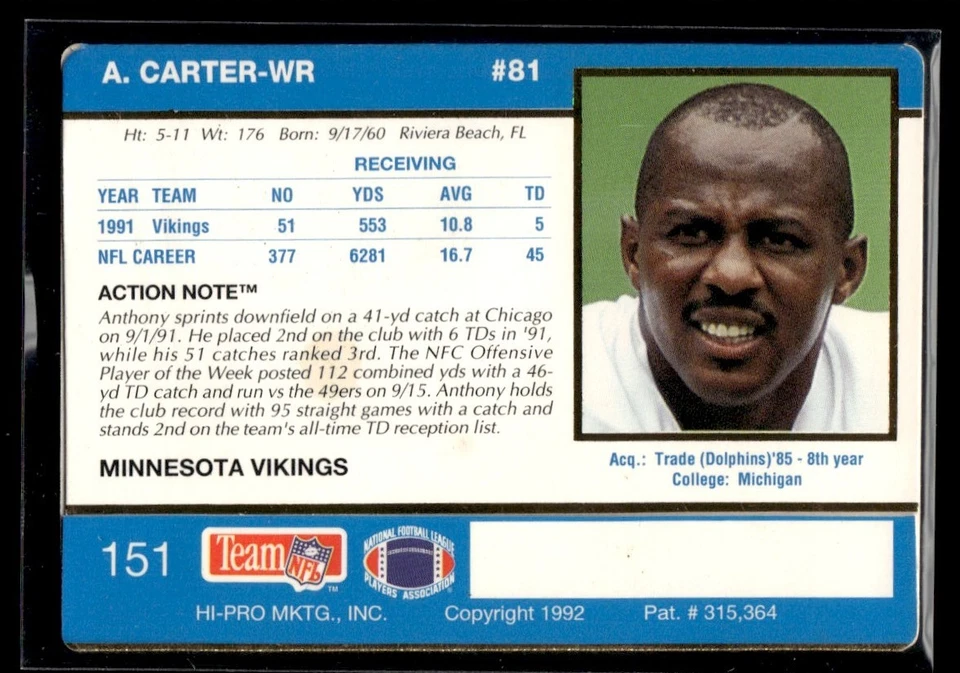 1992 Action Packed Anthony Carter Minnesota Vikings #151 - Image 2 of 2