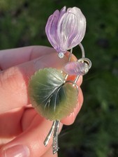 14ct Gold Carved Jade Amethyst & Diamond Incredible Large Flower Brooch 14.6 G