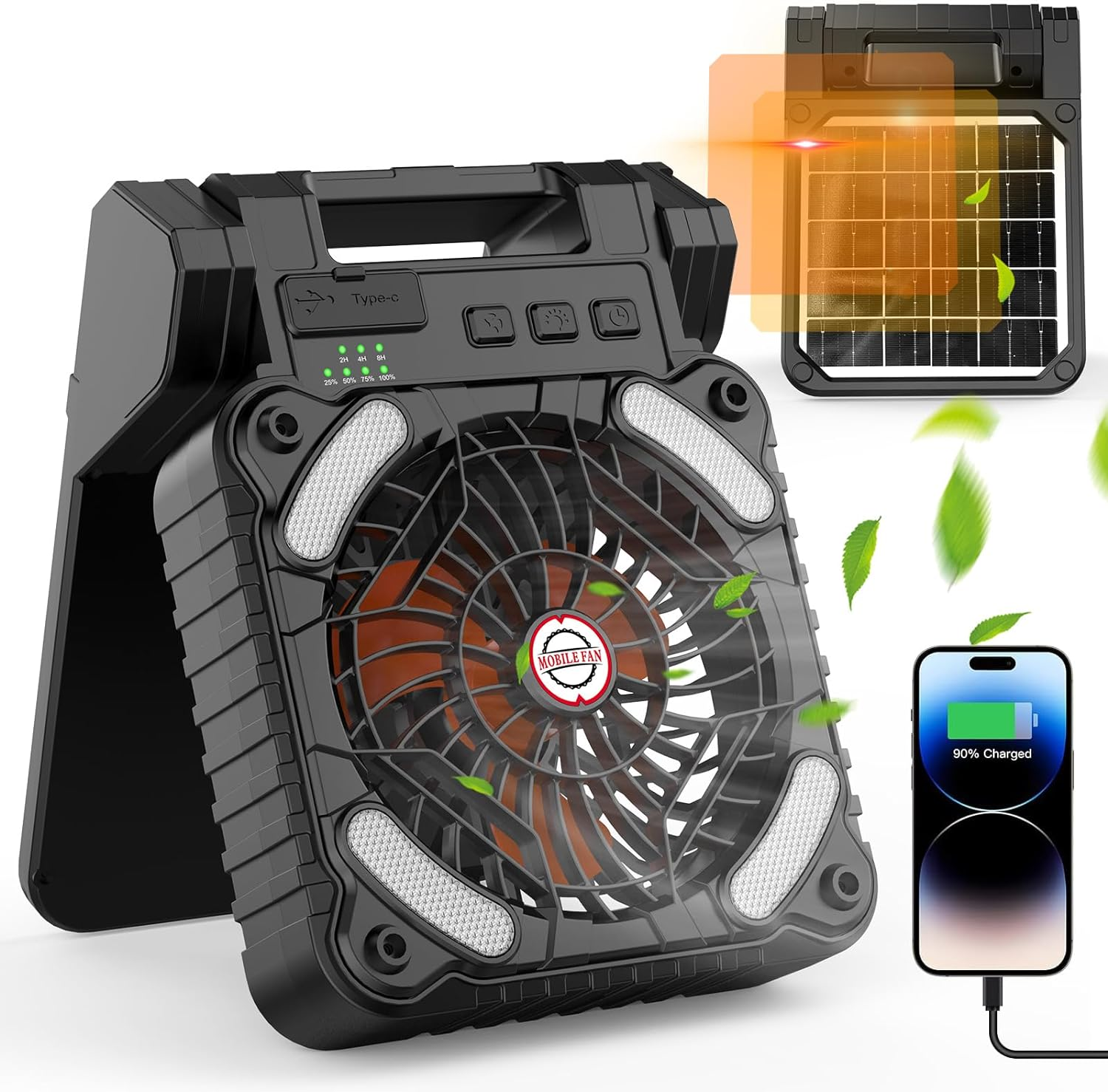 Solar-Powered Camping Fan with LED Lantern,10400Mah Rechargeable Battery Operate